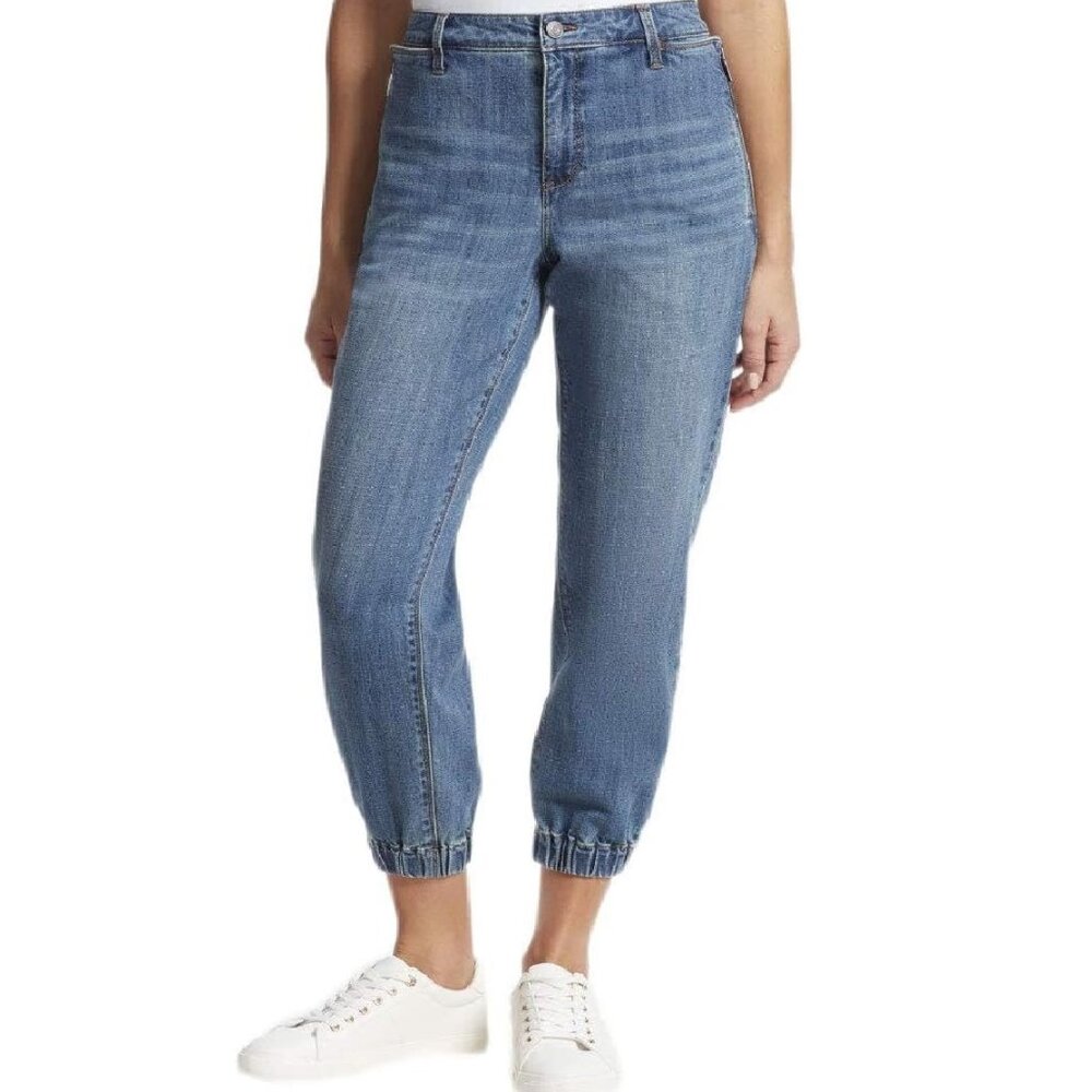 Skinnygirl Cheryl Jogger Mid-Rise Zip Front Jogger Jeans, Distressed Blue Wash